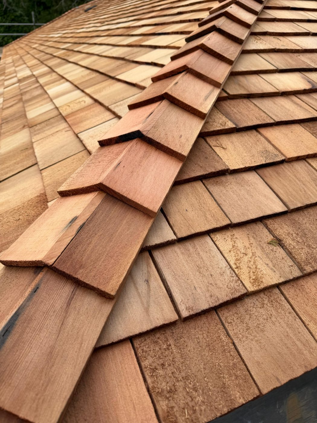 Mansard — close detail of the cedar shingle roofing and ridge