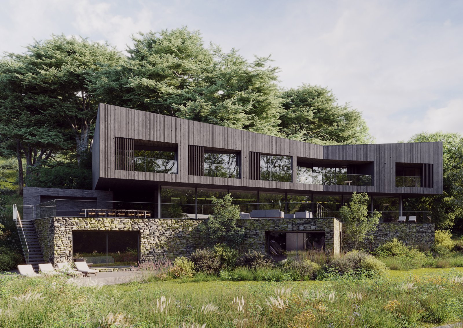 Marisco — CGI of the approved contemporary timber-and-stone house stepped into the hillside